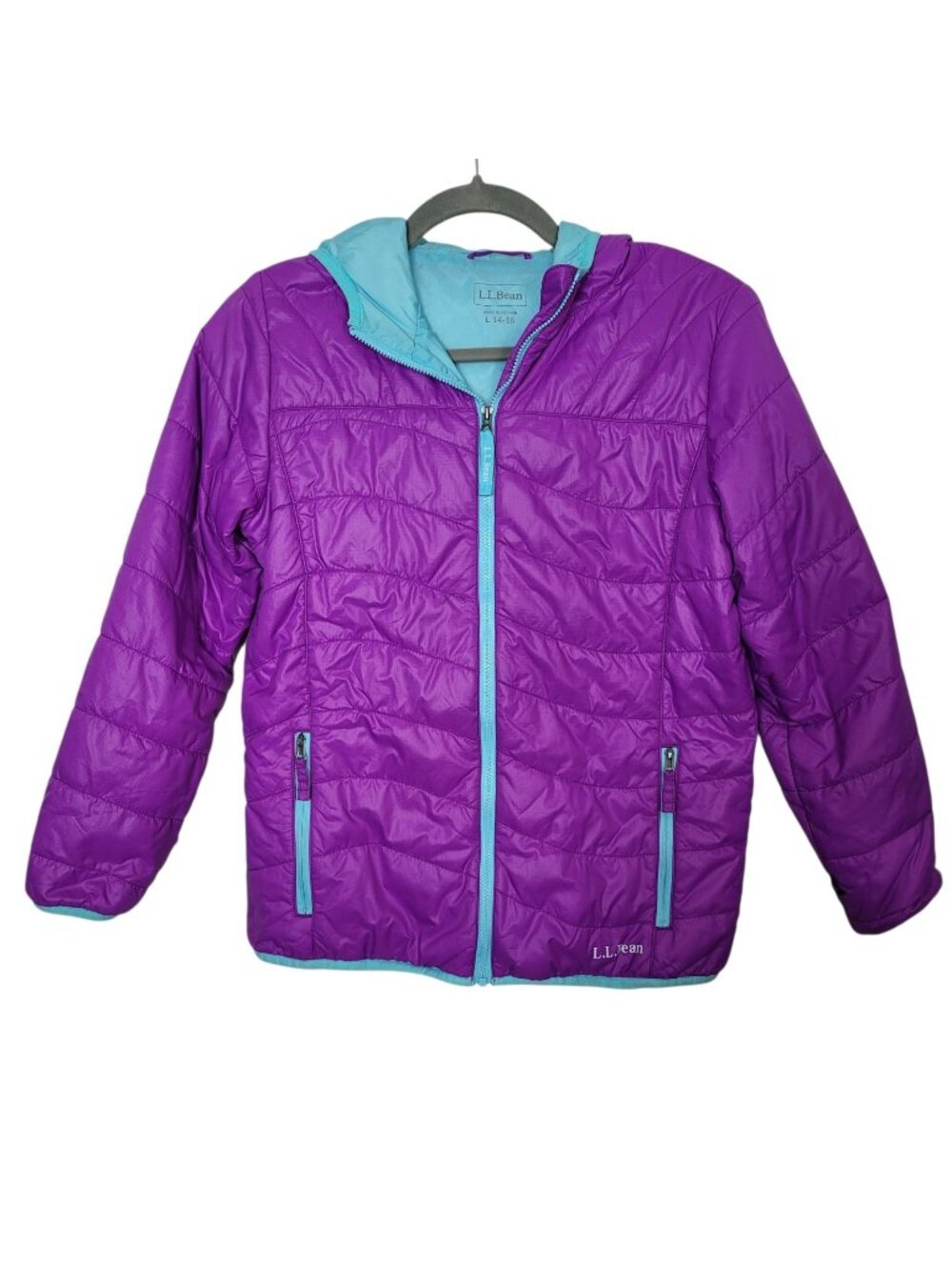 L.L. Bean Youth Girls Sz 14-16 Primaloft Puffer Coat Jacket Hooded Purple Aqua